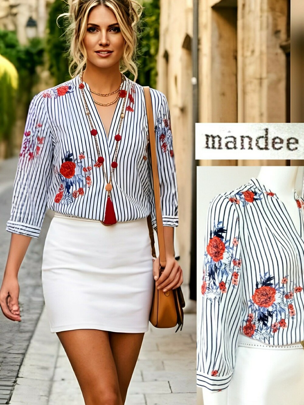 Mandee Vintage Floral Striped 3/4 Sleeve Chiffon Top